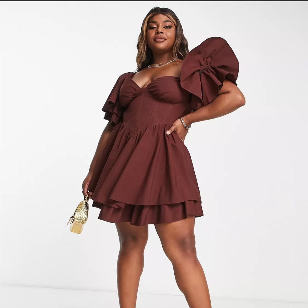 ASOS LUXE Curve one shoulder cotton dress with corset detail and ruffles